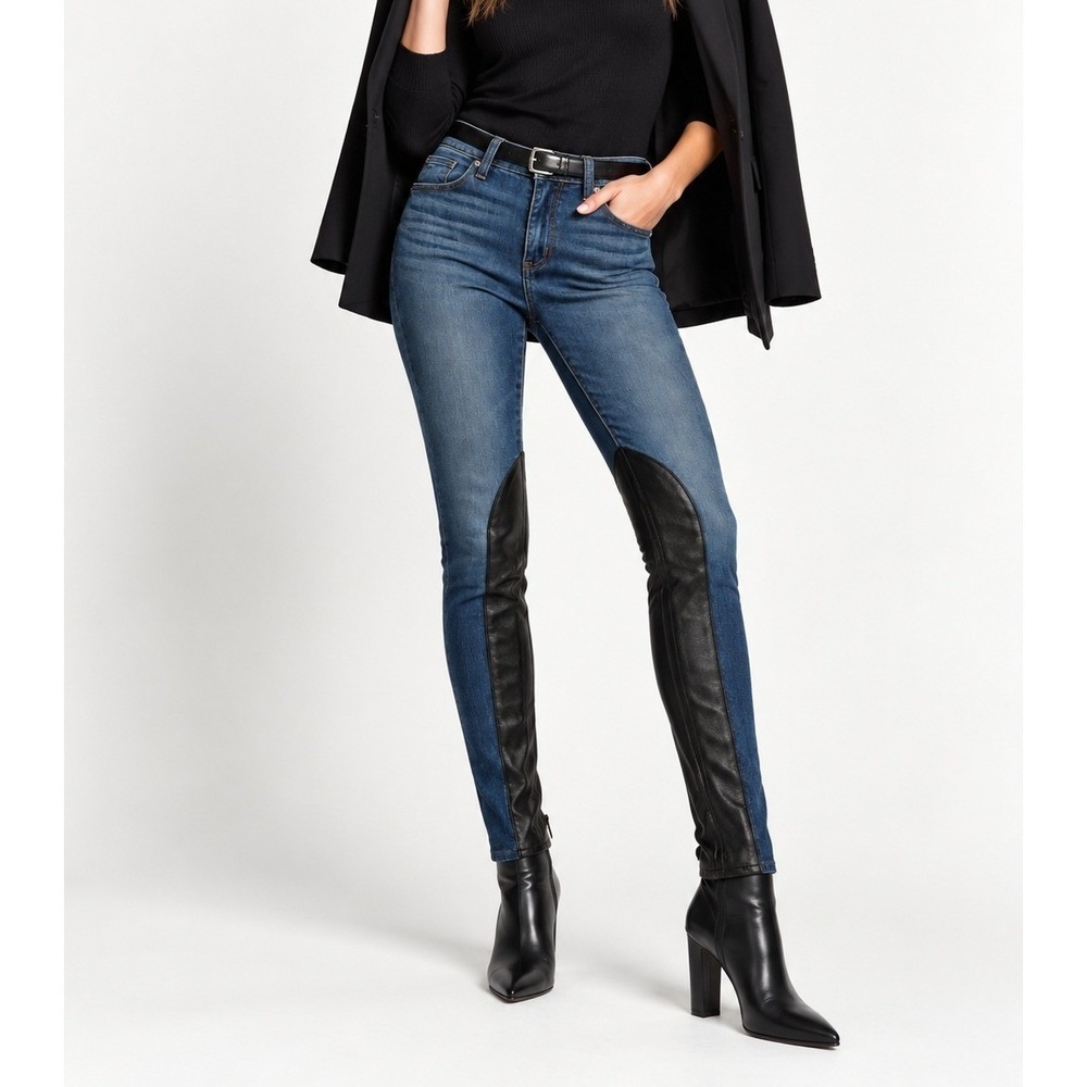 Rag & Bone Chester Leather Panel Skinny Jeans Blue Black W1530K520 Size 24